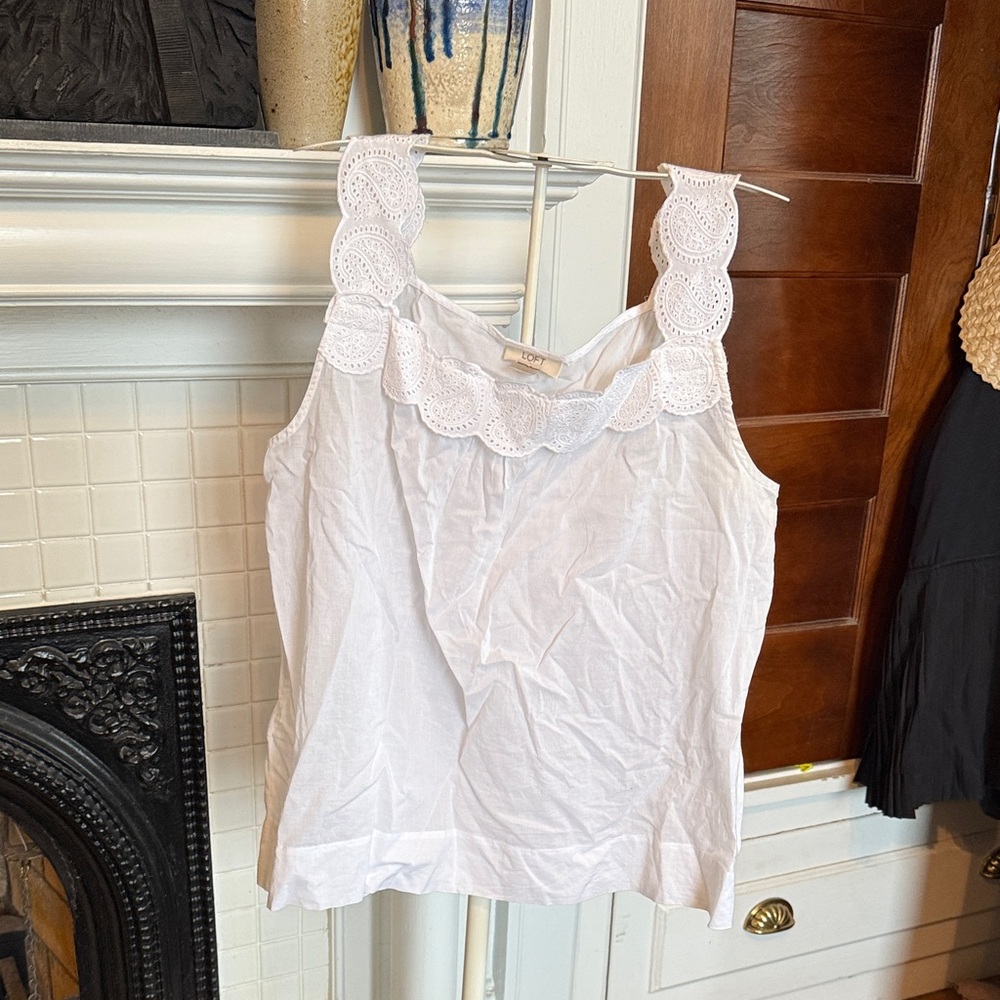 LOFT White Eyelet Detail Sleeveless Top- worn about 3x